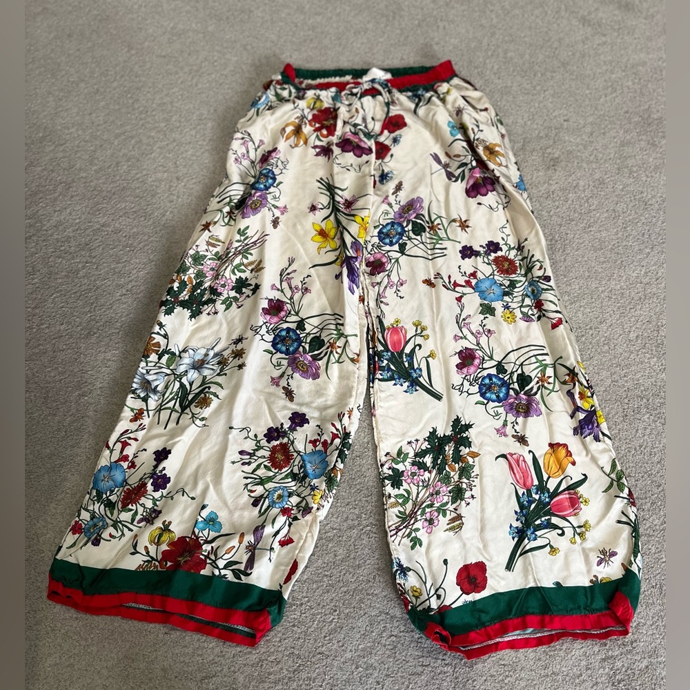 Michela Mii Elite Floral Wide-Leg Lounge Pants S-M Cream with Multicolor Flowers